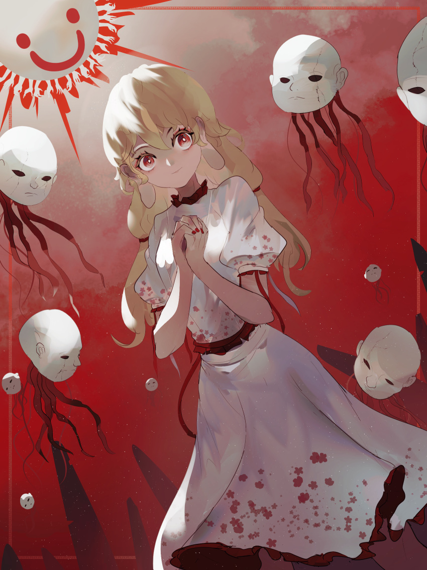 1girl bangs breasts closed_mouth ebisu_eika eyelashes frilled_shirt frilled_skirt frills highres interlocked_fingers light_brown_hair lips long_earlobes long_hair naufaldreamer own_hands_together puffy_short_sleeves puffy_sleeves red_eyes red_nails shirt short_sleeves skirt small_breasts touhou white_shirt white_skirt