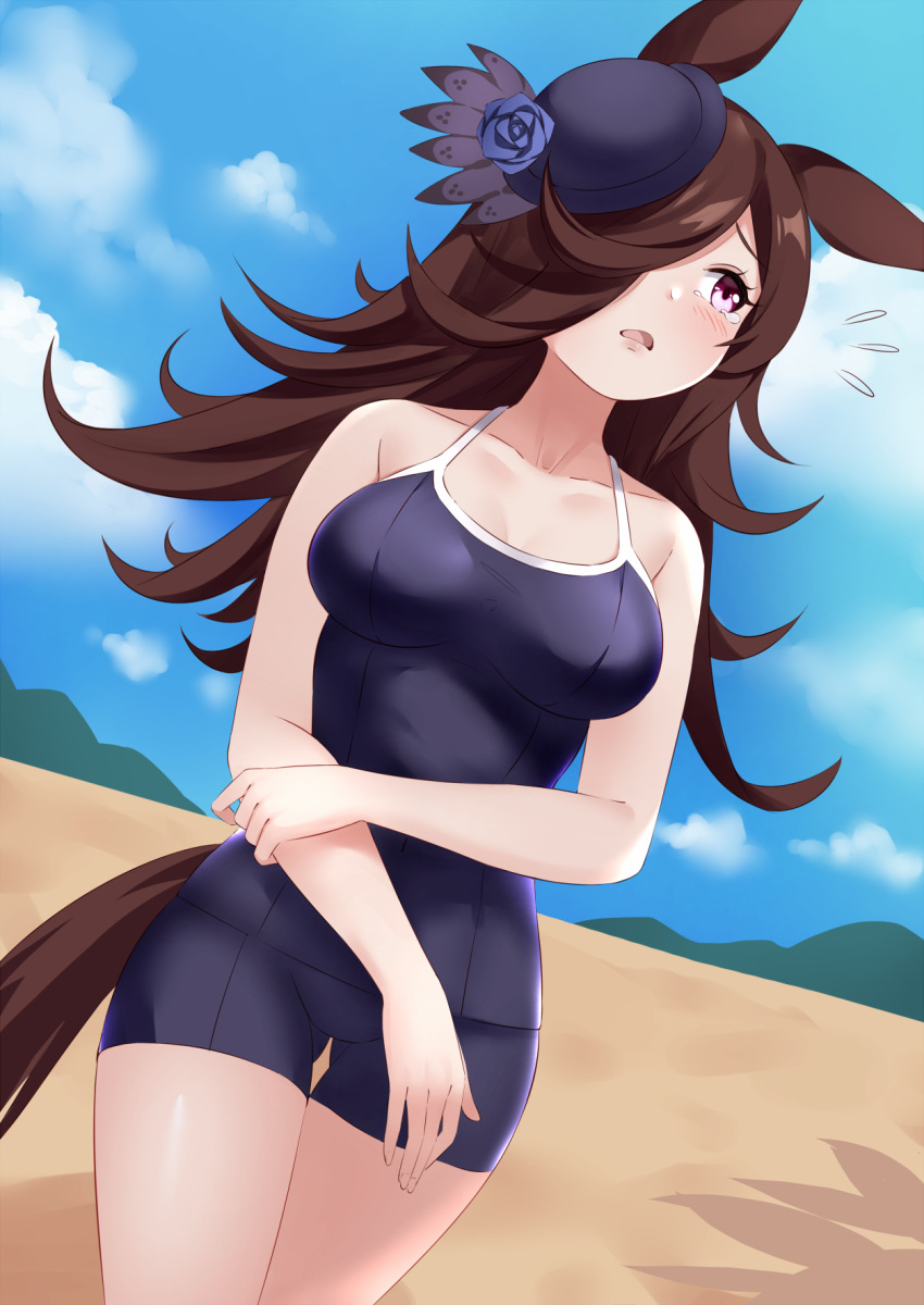 1girl animal_ears ass_visible_through_thighs bangs bare_shoulders breasts brown_hair clouds collarbone commentary_request cowboy_shot crossed_arms hair_over_one_eye hat highres horse_ears horse_girl horse_tail long_hair looking_to_the_side medium_breasts mini_hat miya_star_saa one-piece_swimsuit open_mouth parted_bangs pink_eyes rice_shower_(umamusume) school_swimsuit sky solo standing swimsuit tail tears thigh_gap tilted_headwear umamusume