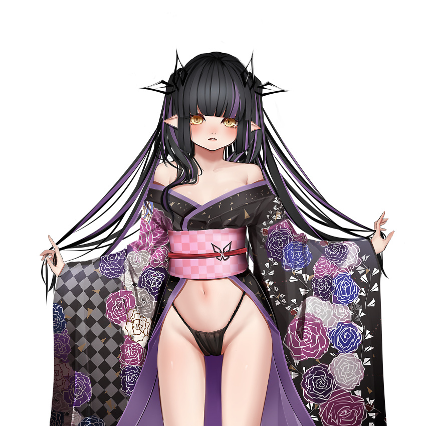 1girl absurdres alternate_costume aura bangs black_fundoshi black_hair black_kimono blunt_bangs blush breasts checkered_clothes checkered_kimono checkered_sash commentary cowboy_shot demon_girl demon_horns doryudory floral_print fundoshi highres horns jacket japanese_clothes kimono kojo_anna long_hair long_sleeves looking_at_viewer medium_breasts multicolored_clothes multicolored_hair multicolored_kimono navel obi off-shoulder_kimono parted_lips pink_sash pointy_ears print_kimono purple_hair purple_kimono sash simple_background solo sugar_lyric transparent_background twintails two-tone_hair virtual_youtuber yellow_eyes