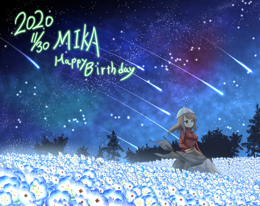 1girl bangs blue_flower blue_headwear brown_eyes brown_hair character_name closed_mouth commentary dated field flower flower_field girls_und_panzer happy_birthday hat highres holding holding_instrument instrument kantele long_hair long_sleeves looking_at_viewer mika_(girls_und_panzer) milky_way night night_sky rebirth42000 red_shirt shirt shooting_star sitting sky smile solo star_(sky) starry_sky tree tulip_hat wind