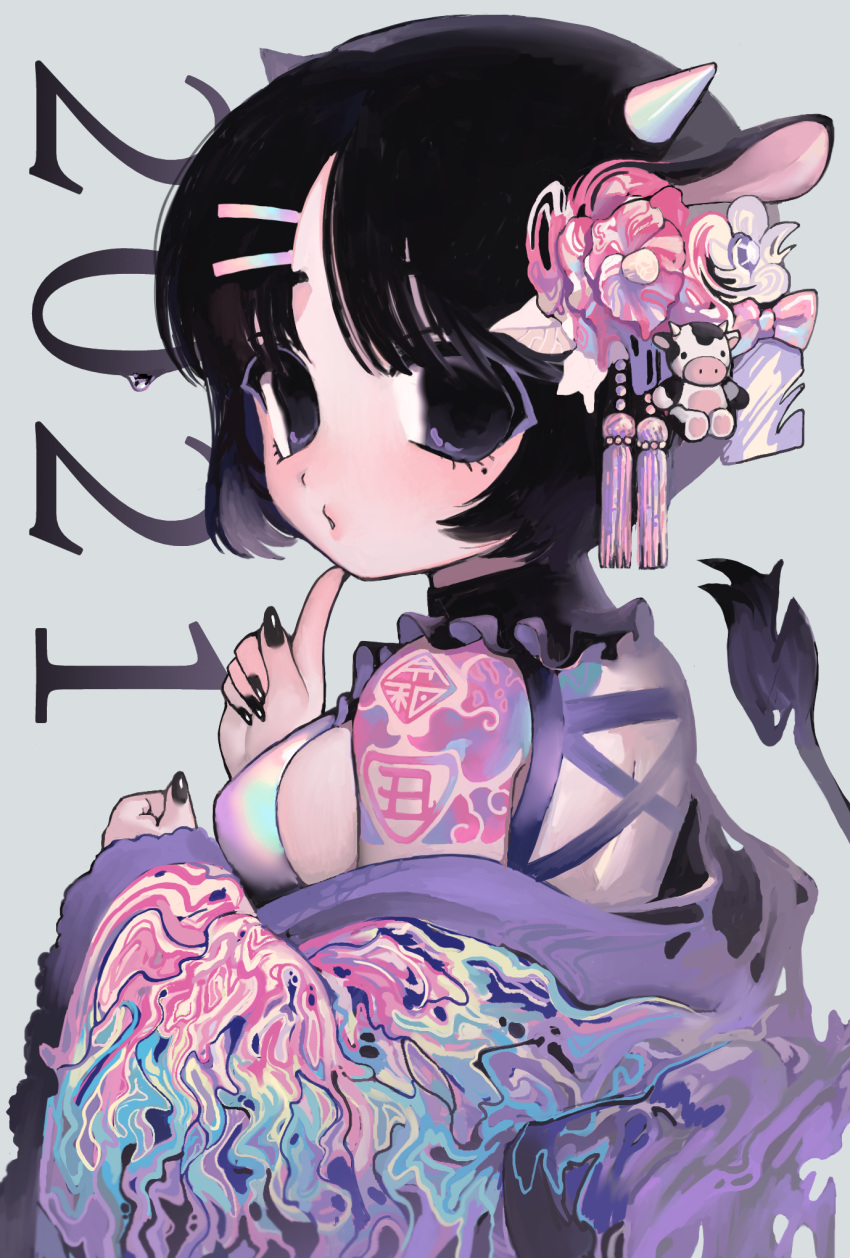 1girl 2021 animal_ears black_hair black_nails blush chinese_zodiac collar cow_ears cow_girl cow_horns cow_tail finger_to_own_chin fingernails from_behind hair_ornament hairclip hairpin highres horns kirara_yakubou long_fingernails looking_at_viewer looking_back mole mole_under_eye nail_polish off_shoulder original pouty_lips short_hair shoulder_tattoo tail tassel tattoo violet_eyes year_of_the_ox