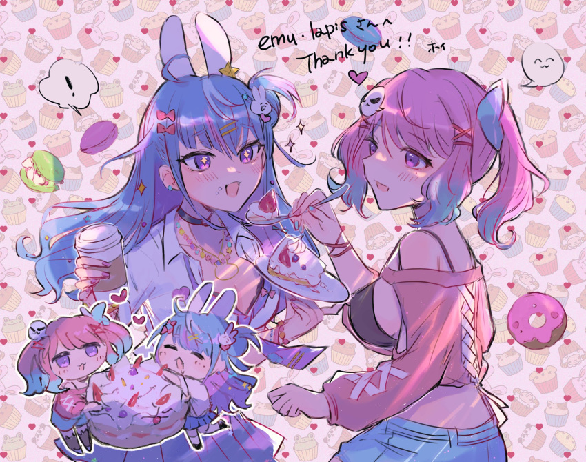 ! 2girls animal_ears bangs blue_hair breasts cake commission doughnut emu_lapis_(vtuber) english_commentary food ghost_hair_ornament gradient_hair heart highres hoi_(hooo_60) holding holding_plate indie_virtual_youtuber lumilive medium_breasts multicolored_hair multiple_girls off-shoulder_sweater off_shoulder open_mouth orange_sweater pink_hair plate rabbit_ears rabbit_girl reiyu_guigui second-party_source skeb_commission smile spoken_exclamation_mark sweater twintails violet_eyes virtual_youtuber