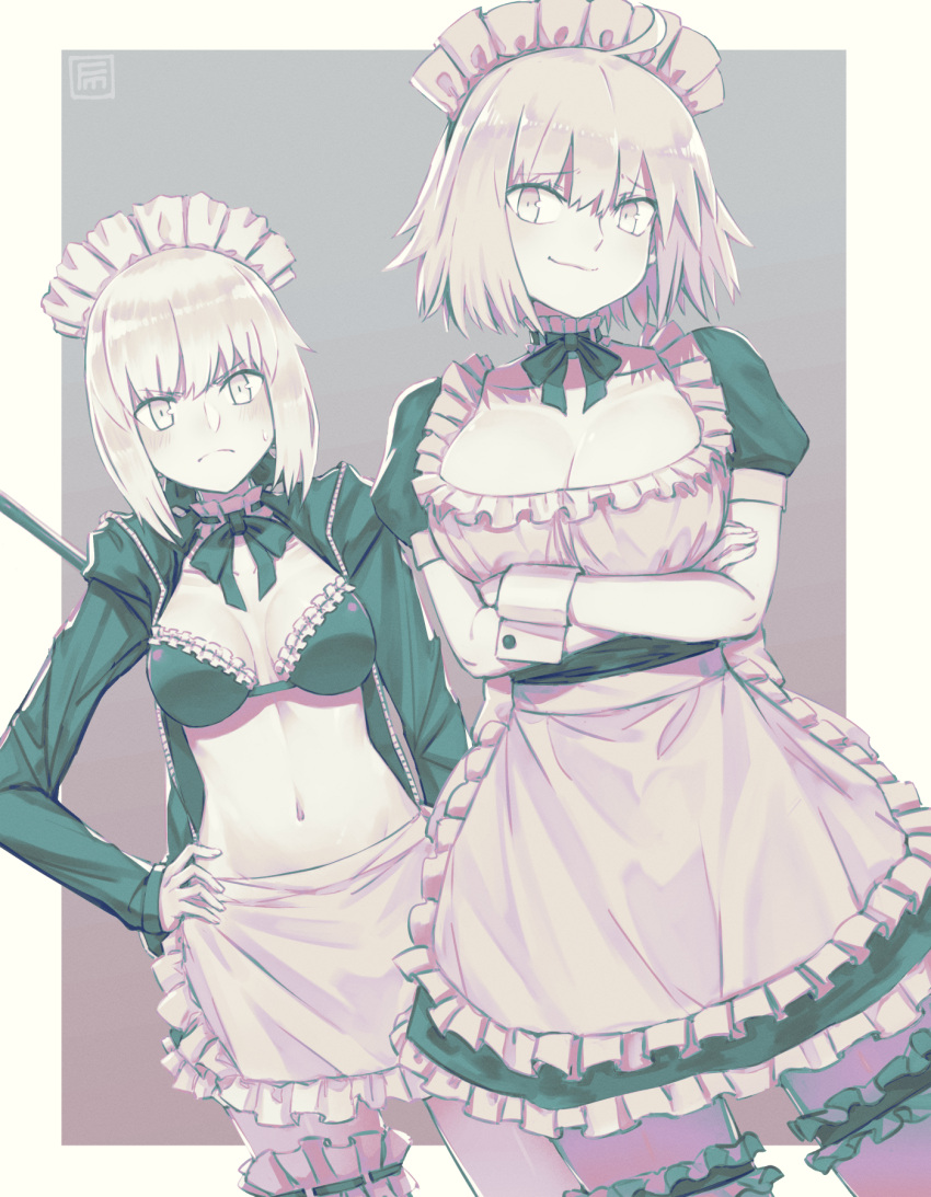 2girls ahoge apron artoria_pendragon_(fate) bikini border bow bowtie breasts cowboy_shot crossed_arms detached_collar eyebrows_visible_through_hair fate/grand_order fate_(series) frown fumafu green_eyes green_hair grey_background hair_between_eyes hand_on_hip highres jeanne_d'arc_(alter)_(fate) jeanne_d'arc_(fate) long_sleeves looking_at_viewer maid maid_apron maid_bikini maid_headdress medium_breasts multiple_girls navel saber_alter short_hair short_sleeves simple_background smirk swimsuit thigh_strap two-tone_background watermark white_border wrist_cuffs
