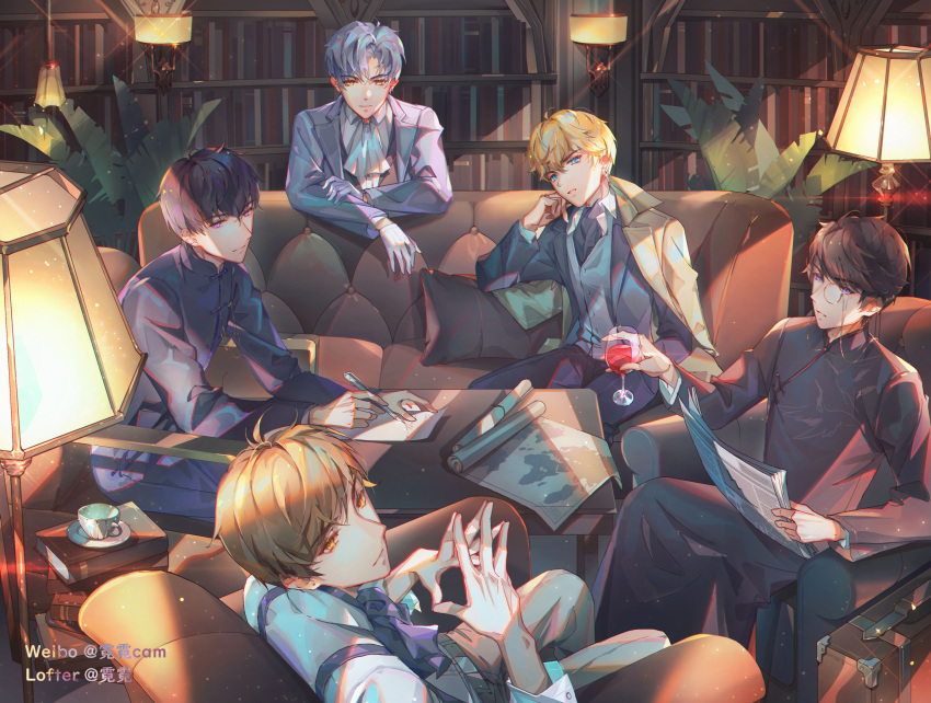 5boys absurdres alcohol bai_qi_(love_and_producer) bangs blonde_hair blue_eyes book bookshelf briefcase brown_eyes brown_hair chinese_clothes couch cup drinking_glass earrings formal gloves highres holding holding_cup holding_pen jewelry lamp leaning_forward li_zeyan ling_xiao long_sleeves looking_at_viewer love_and_producer mo_xu monocle multiple_boys necktie paper pen polo_shirt purple_hair rabbitcamilla shirt short_hair sitting table teacup vest violet_eyes white_gloves white_necktie white_shirt white_vest wine wine_glass yellow_eyes zhou_quiluo