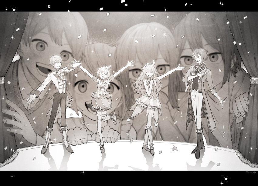 ;d ^_^ ^o^ arm_up arms_up closed_eyes coat confetti greyscale hair_ornament highres idol kamishiro_rui kusanagi_nene monochrome oitanari one_eye_closed ootori_emu project_sekai smile stage tenma_tsukasa time_paradox watching