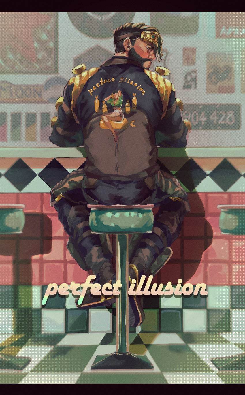 1boy absurdres apex_legends beard black_pants blush brown_hair brown_jacket diner facial_hair from_behind goatee goggles goggles_on_head hair_behind_ear highres himawari_kappa jacket looking_at_viewer looking_back male_focus mirage_(apex_legends) official_alternate_costume pants perfect_illusion_mirage sitting solo