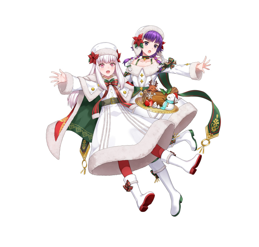 2girls absurdres amagai_tarou bangs belt boots bow braid cape choker collarbone commentary_request eyebrows_visible_through_hair fire_emblem fire_emblem:_the_sacred_stones fire_emblem:_three_houses fire_emblem_heroes floating floating_object food fruit full_body fur_trim hat highres knee_boots long_hair long_sleeves looking_away lute_(fire_emblem) lysithea_von_ordelia multiple_girls official_art open_mouth pantyhose purple_hair red_legwear simple_background snowman strawberry tied_hair violet_eyes white_hair