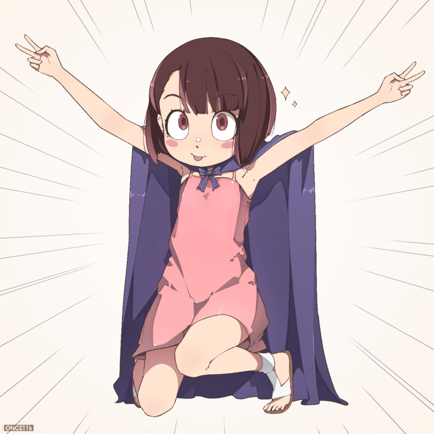 1girl ;p bangs bow bowtie brown_hair cape dress full_body hands_up highres kagari_atsuko kneeling little_witch_academia looking_at_viewer once_11h one_eye_closed pink_dress purple_bow purple_bowtie purple_cape red_eyes sandals short_hair simple_background solo star_(symbol) tongue tongue_out v white_background younger