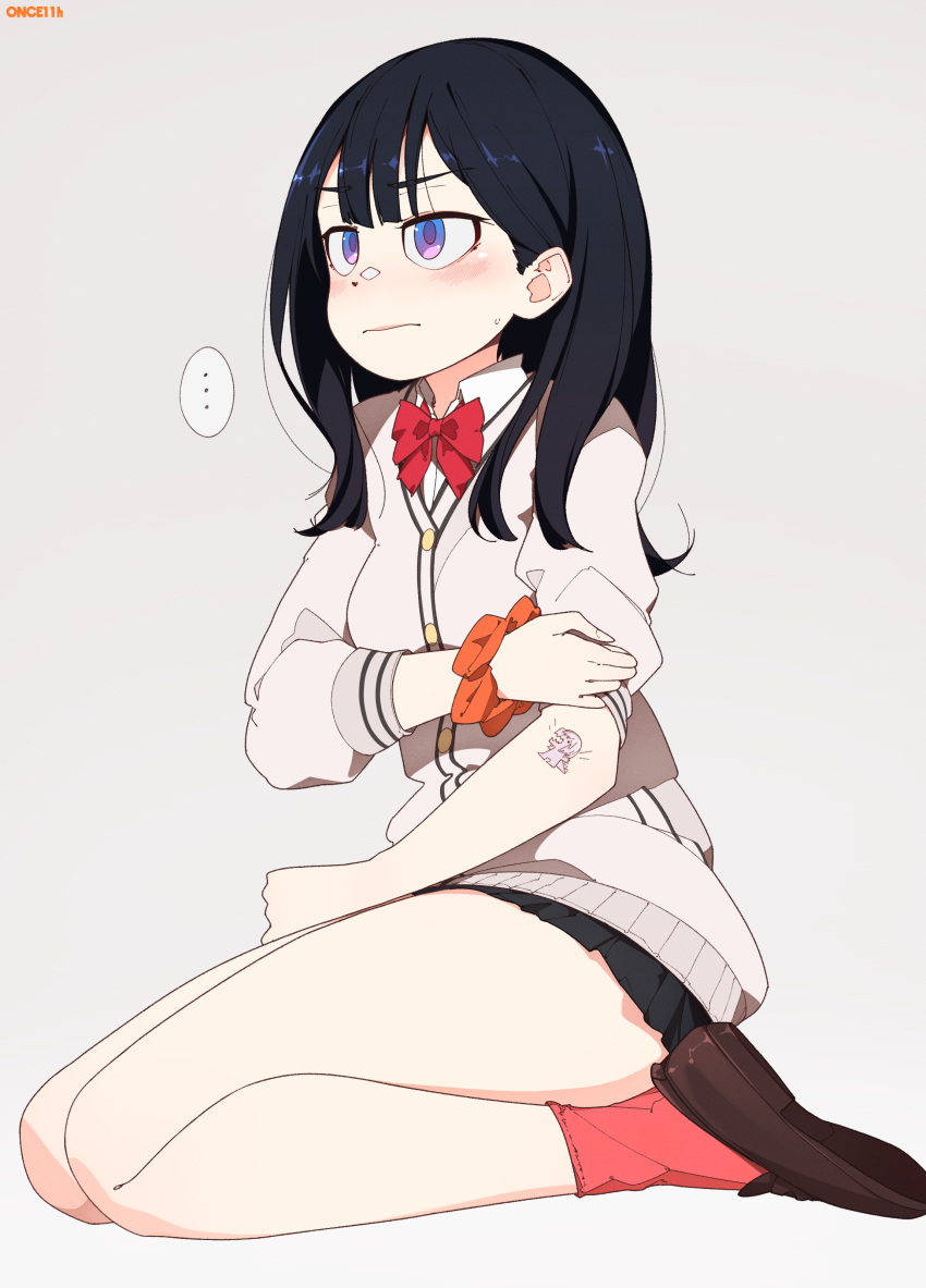 ... absurdres artist_name bangs black_hair black_skirt blue_eyes bow bowtie breasts cardigan closed_mouth clothes_grab collared_shirt from_side grey_background gridman_universe highres long_hair long_sleeves looking_to_the_side medium_breasts on_floor once_11h orange_scrunchie pleated_skirt red_legwear red_neckwear school_uniform scrunchie seiza shirt simple_background sitting skirt sleeve_grab sleeves_pushed_up socks speech_bubble ssss.gridman straight_hair takarada_rikka tattoo thighs white_cardigan white_shirt wing_collar wrist_scrunchie