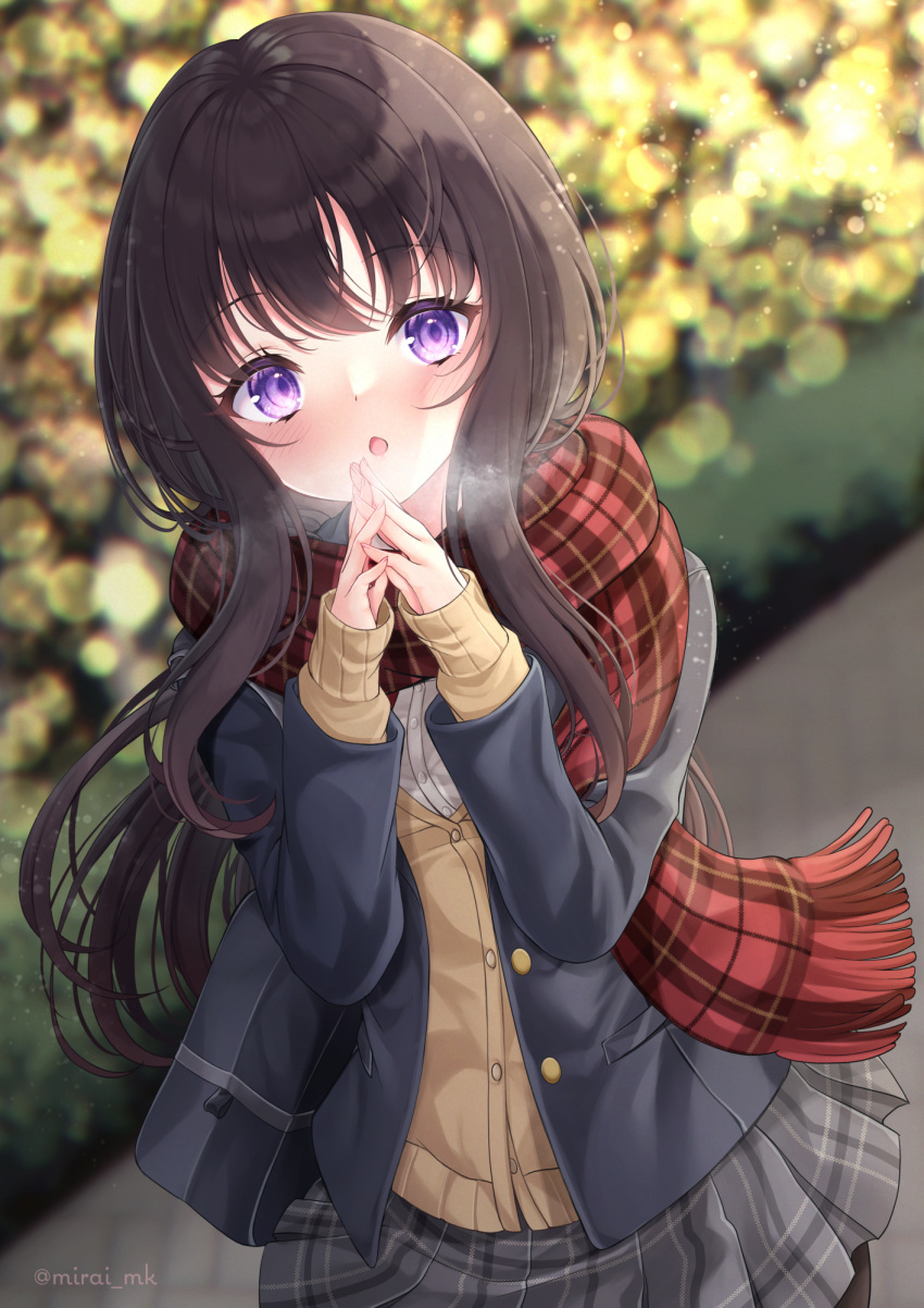 1girl :o bag black_hair black_jacket blazer blurry blurry_background breath breathing_on_hands brown_cardigan cardigan commentary_request depth_of_field fringe_trim grey_skirt hands_up highres interlocked_fingers jacket long_hair long_sleeves looking_at_viewer mirai_(happy-floral) open_clothes open_jacket original outdoors parted_lips plaid plaid_scarf pleated_skirt red_scarf scarf school_bag school_uniform skirt sleeves_past_wrists solo twitter_username very_long_hair violet_eyes