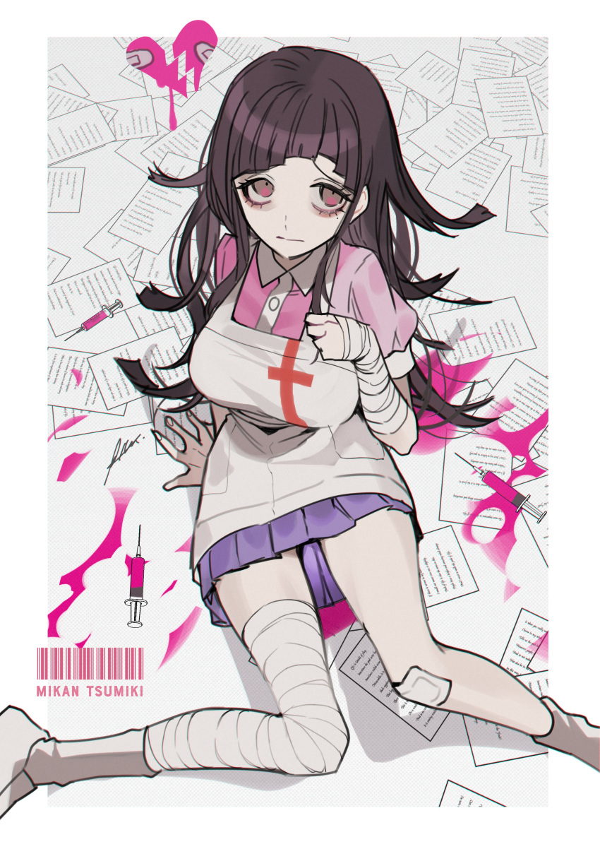 1girl absurdres apron arm_support bandaged_arm bandaged_leg bandages bandaid bandaid_on_knee bangs black_hair blue_skirt border breasts btmr_game character_name closed_mouth collared_shirt danganronpa_(series) danganronpa_2:_goodbye_despair hand_up heart highres large_breasts long_hair mole mole_under_eye paper pink_shirt shirt shoes signature sitting skirt solo symbol-only_commentary syringe tsumiki_mikan white_apron white_border