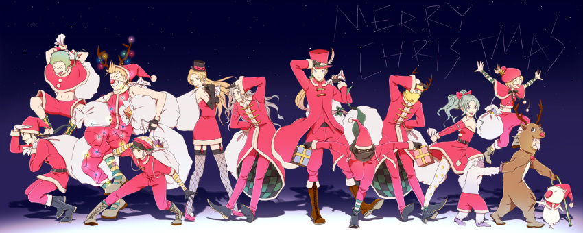 blonde_hair cayenne_garamonde celes_chere christmas closed_mouth edgar_roni_figaro final_fantasy final_fantasy_vi gau gogo green_hair hat highres hiromyan lock_cole long_hair mash_rene_figaro mog multiple_boys multiple_girls open_mouth orthros relm_arrowny santa_hat setzer_gabbiani shadow_(ff6) smile stragus_magus tina_branford umaro