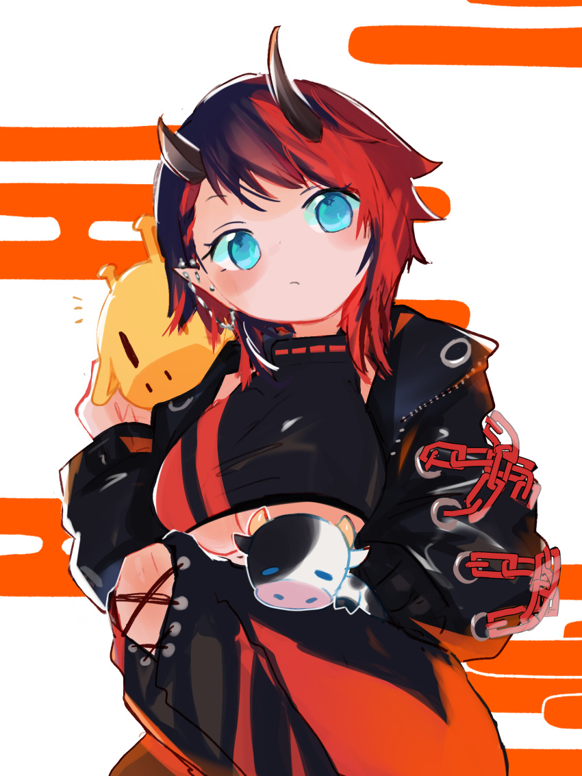 1girl bangs black_hair black_jacket black_pants black_sports_bra blue_eyes blush breasts chain closed_mouth commentary_request cropped_jacket cross-laced_pants demon_girl demon_horns ear_chain ear_piercing egasumi feet_out_of_frame highres horns jacket large_breasts looking_at_viewer multicolored_hair open_clothes open_jacket pants piercing pointy_ears red_pants red_sports_bra redhead ryugasaki_rene short_hair solo sports_bra stuffed_animal stuffed_cow stuffed_giraffe stuffed_toy sugar_lyric tidimi-nori two-tone_hair two-tone_pants under_boob virtual_youtuber white_background zipper