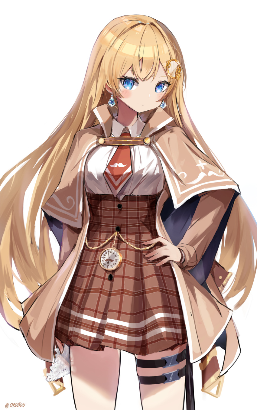 1girl absurdres alternate_hair_length alternate_hairstyle bangs blonde_hair blue_eyes blush brown_capelet brown_jacket capelet earrings hair_ornament highres hololive hololive_english jacket jewelry long_hair looking_at_viewer necktie orobou plaid plaid_skirt red_necktie simon_(ttgl) skirt solo thigh_strap very_long_hair virtual_youtuber watch watson_amelia white_background