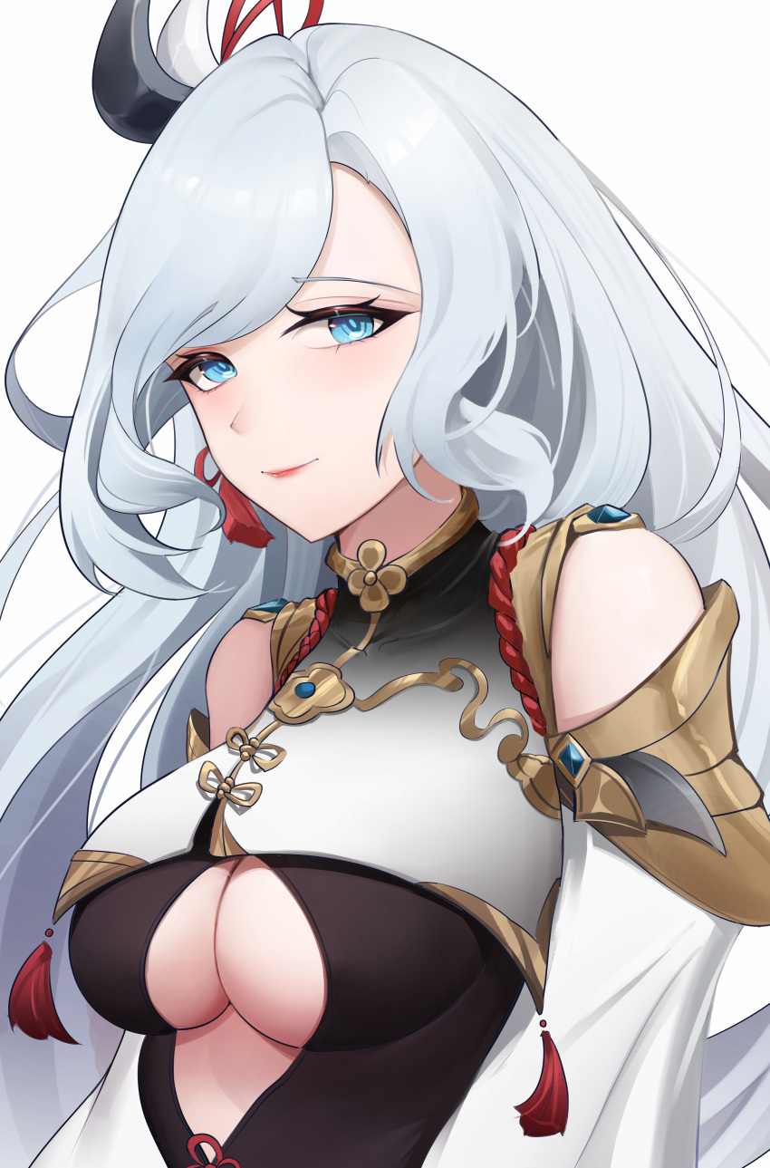 1girl absurdres bangs blue_eyes breasts cleavage_cutout closed_mouth clothing_cutout commentary_request dintea forehead gauntlets genshin_impact gold_trim highres looking_at_viewer medium_breasts parted_bangs red_lips shenhe_(genshin_impact) simple_background smile solo tassel upper_body white_background white_hair