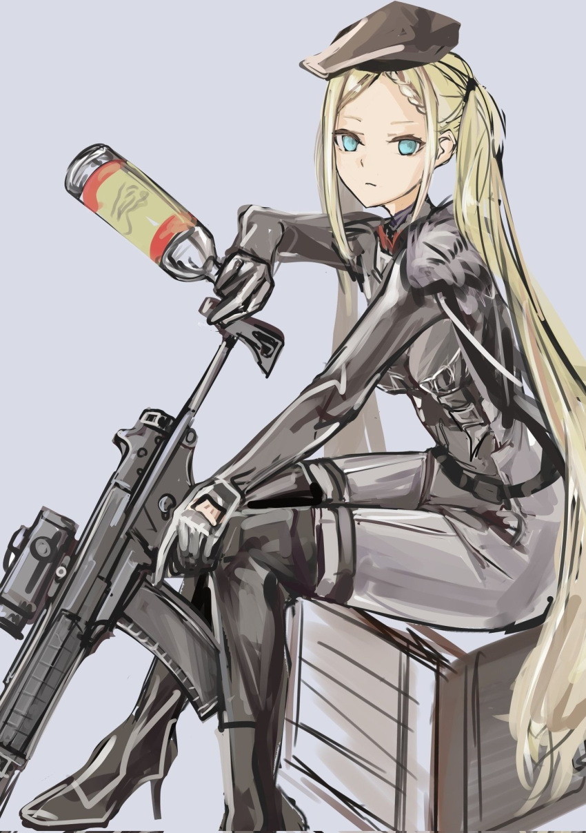 1girl a-545_(girls'_frontline) alcohol aqua_eyes assault_rifle belt beret black_footwear black_gloves blonde_hair bodysuit boots bottle braid breasts closed_mouth expressionless eyebrows_visible_through_hair full_body girls_frontline gloves grey_bodysuit gun hair_ornament hairclip hat high_heel_boots high_heels highres holding holding_bottle holding_gun holding_weapon knee_boots light_blue_background lithographica long_hair looking_at_viewer medium_breasts rifle sitting solo twintails vodka weapon
