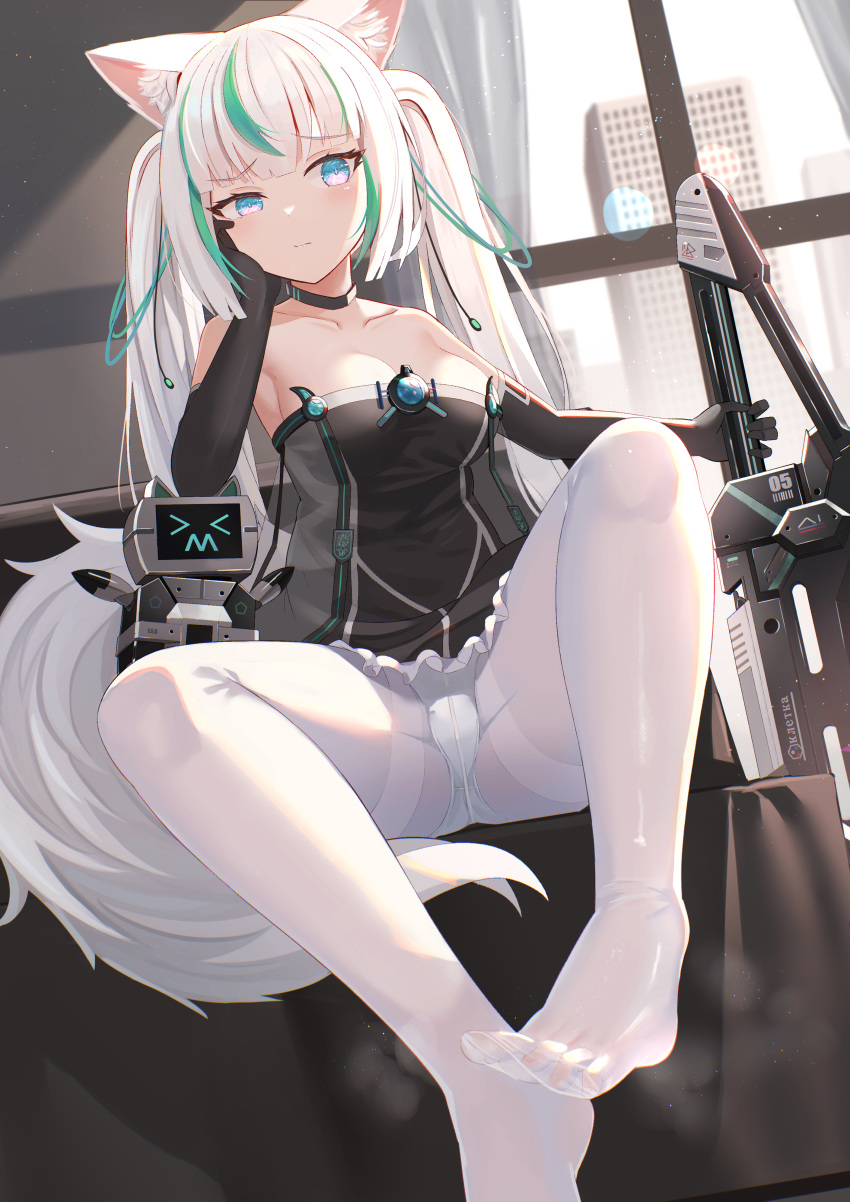 1girl absurdres animal_ear_fluff animal_ears black_choker black_gloves blue_eyes blush breasts choker day elbow_gloves eyebrows_visible_through_hair fox_ears gloves green_hair head_rest highres holding holding_weapon indoors looking_at_viewer mirufuaa multicolored_hair no_shoes original panties panties_under_pantyhose pantyhose sidelocks sitting small_breasts solo spread_legs steam streaked_hair thighband_pantyhose twintails underwear weapon white_hair white_legwear white_panties window
