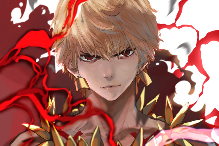 1boy bangs blonde_hair closed_mouth earrings fate/grand_order fate/stay_night fate/zero fate_(series) gilgamesh_(fate) hair_between_eyes jewelry kdm_(ke_dama) looking_at_viewer male_focus necklace red_eyes short_hair smile solo