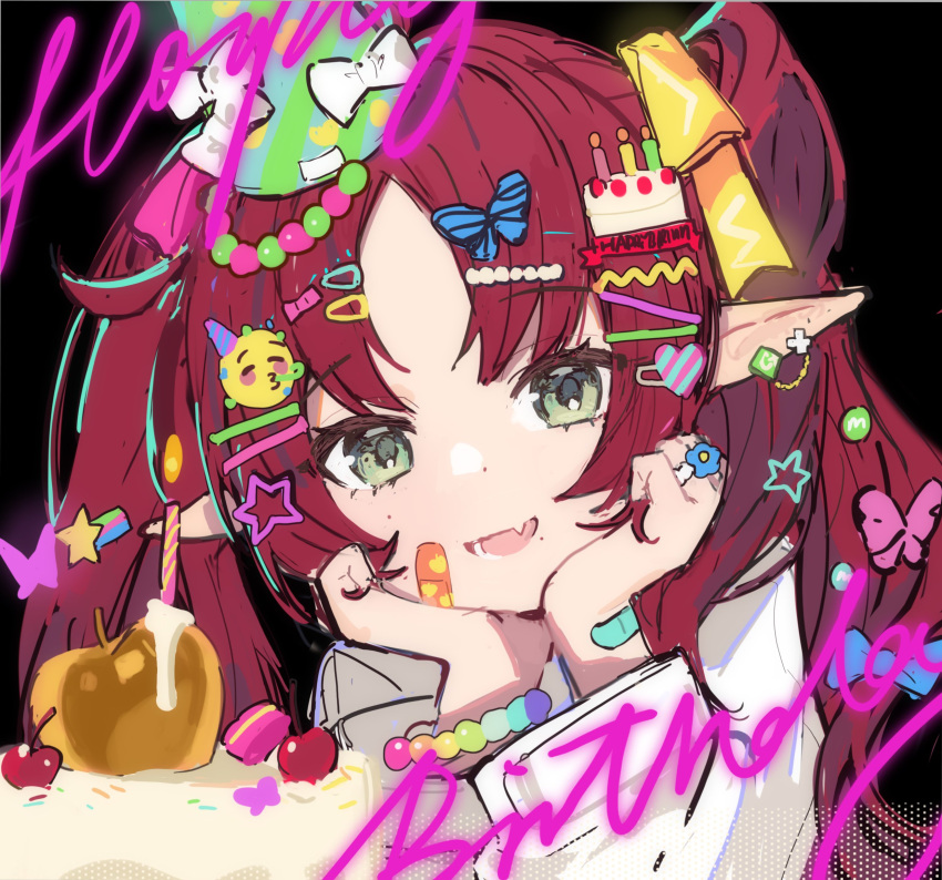 acidear apple arknights bandaid bandaid_on_face cake candle cherry earrings food fruit golden_apple green_eyes hair_ornament hat head_on_hand highres jewelry looking_at_viewer myrtle_(arknights) pointy_ears redhead ring smile