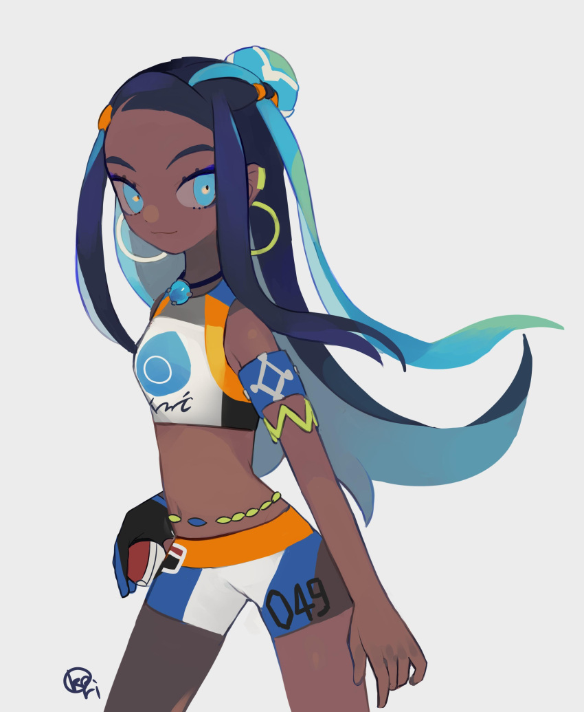 1girl :3 absurdres armlet bare_shoulders belly_chain bikini black_gloves blue_eyes blue_eyeshadow blue_gemstone blue_gloves blue_hair breasts closed_mouth commentary dark-skinned_female dark_skin ear_piercing earrings eyelashes eyeshadow floating_hair gem gloves highres holding holding_poke_ball hoop_earrings jewelry legs_apart light_blue_hair long_hair makeup multicolored_hair navel necklace nessa_(pokemon) partially_fingerless_gloves piercing poke_ball poke_ball_(basic) pokemon pokemon_(game) pokemon_swsh purple_hair simple_background single_glove small_breasts smile solo standing swimsuit tankini two-tone_gloves two-tone_hair white_background yxyx_ika