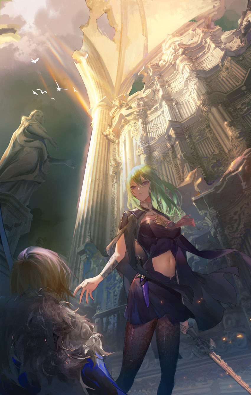 1boy 1girl blonde_hair breasts bustier byleth_(fire_emblem) byleth_eisner_(female) cathedral clothing_cutout dagger dimitri_alexandre_blaiddyd fire_emblem fire_emblem:_three_houses green_eyes green_hair highres knife large_breasts medium_hair minty0 navel pantyhose patterned_clothing shorts stomach_cutout sword sword_of_the_creator weapon