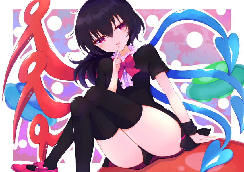 arrow_(symbol) asymmetrical_wings bangs black_dress black_hair black_legwear black_sleeves border bow bowtie buttons crossed_legs dress eyebrows_visible_through_hair footwear_bow frills hair_between_eyes hand_up highres houjuu_nue looking_to_the_side medium_hair multicolored_background open_mouth pink_background pink_bow pink_eyes pink_footwear pointing purple_background red_bow red_bowtie shoes short_sleeves sitting smile thigh-highs tomoe_(fdhs5855) touhou ufo white_border wings wristband