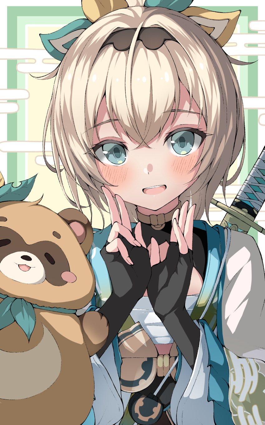 1girl absent absurdres bangs black_gloves black_hairband blonde_hair blue_eyes blush chest_sarashi commentary eyebrows_visible_through_hair fingerless_gloves gloves hair_ribbon hairband hands_up haori highres hololive japanese_clothes kazama_iroha long_sleeves looking_at_viewer open_mouth pokobee ribbon sarashi smile solo sword upper_body virtual_youtuber weapon weapon_on_back wide_sleeves