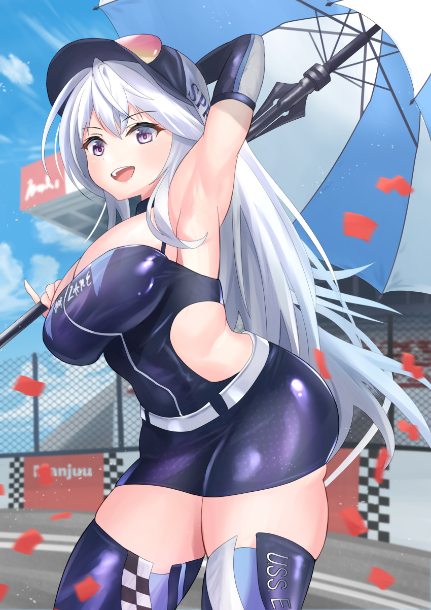 1girl absurdres armpits azur_lane bouhuuu breasts commentary_request enterprise_(azur_lane) enterprise_(wind_catcher)_(azur_lane) eyebrows_visible_through_hair grey_hair highres large_breasts long_hair open_mouth presenting_armpit racequeen side_cutout sunglasses teeth umbrella upper_teeth violet_eyes