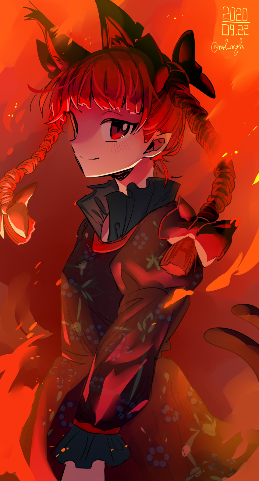 1girl absurdres asuku_(69-1-31) bow braid cat_tail dress extra_ears fire green_dress highres kaenbyou_rin looking_at_viewer multiple_tails nekomata pointy_ears profile red_background red_eyes redhead slit_pupils solo tail timestamp touhou tsurime twin_braids two_tails