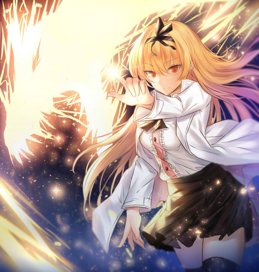 1girl arifureta_shokugyou_de_sekai_saikyou black_skirt blonde_hair blurry closed_mouth coat commentary cowboy_shot eyebrows_visible_through_hair fhilippedu frilled_skirt frills glowing_finger hair_between_eyes hair_ornament highres long_hair long_sleeves open_clothes open_shirt red_eyes shirt_tucked_in skirt smile solo sparkle split_mouth thigh-highs white_coat wide_sleeves yue_(arifureta)
