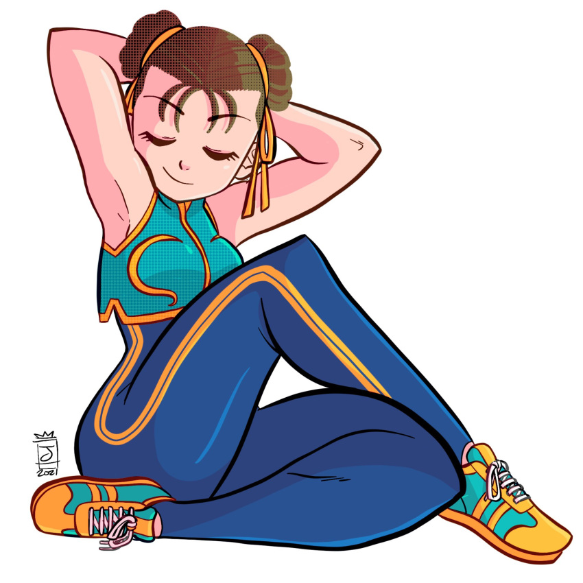 1girl bodysuit breasts brown_hair chun-li closed_eyes closed_mouth crossed_legs dated double_bun eyebrows_visible_through_hair full_body highres jaliet_exe on_floor signature sitting smile solo street_fighter street_fighter_zero_(series) unitard vest