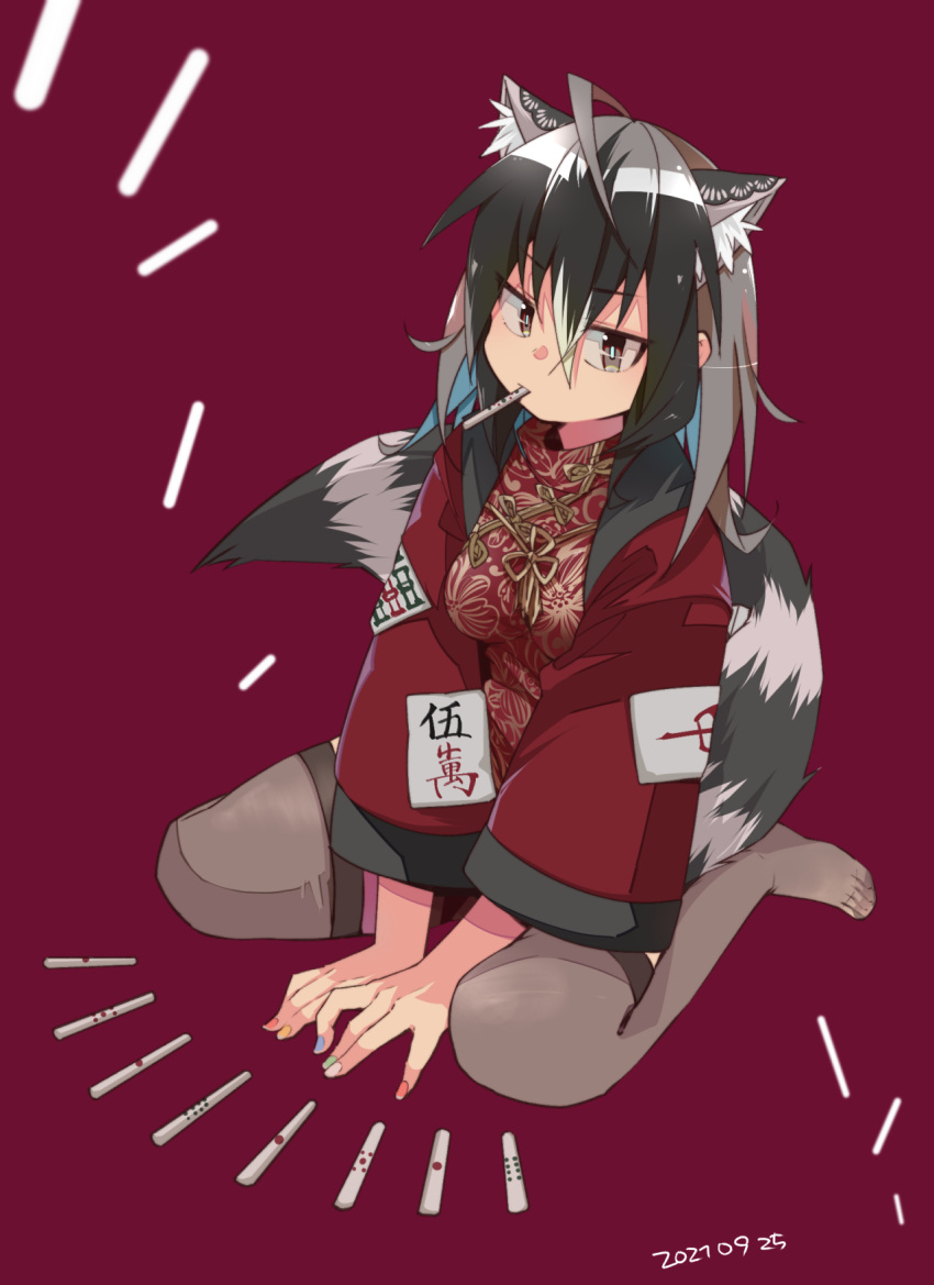 1girl alternate_costume animal_ears black_hair black_legwear commentary_request common_raccoon_(kemono_friends) extra_ears eyebrows_visible_through_hair feet floral_print grey_hair highres jacket kemono_friends legs long_sleeves multicolored_hair nail_polish nanana_(nanana_iz) no_shoes pantyhose print_jacket raccoon_ears raccoon_girl raccoon_tail red_jacket short_hair sitting solo stick tail translation_request wariza white_hair