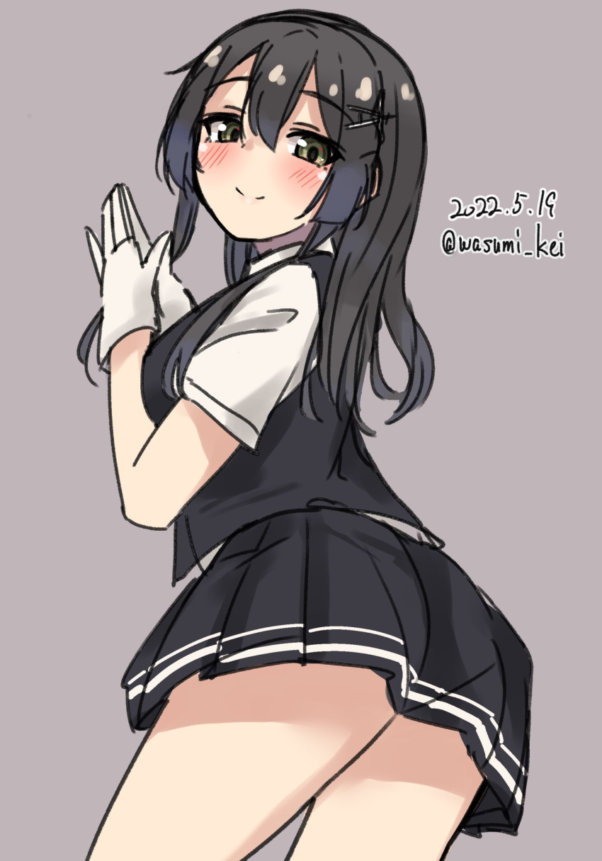 1girl black_hair black_skirt black_vest cowboy_shot dated dress_shirt gloves grey_background grey_eyes hair_ornament hairclip highres kantai_collection looking_at_viewer one-hour_drawing_challenge own_hands_together oyashio_(kancolle) school_uniform shirt short_sleeves simple_background skirt smile solo twitter_username vest wasumi_kei white_gloves white_shirt