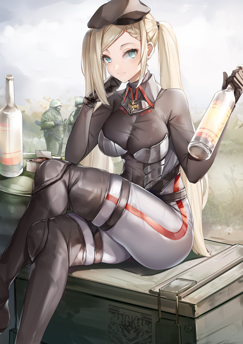 1girl a-545_(girls'_frontline) absurdres alcohol aqua_eyes beret black_footwear black_gloves blonde_hair bodystocking bodysuit boots bottle braid breasts closed_mouth commentary_request crossed_legs eyebrows_visible_through_hair feet_out_of_frame french_braid girls_frontline gloves grifon_&amp;_kryuger hair_ornament hairclip hand_on_own_chin hat highres holding holding_bottle knee_boots long_hair looking_at_viewer lubikaya medium_breasts multicolored_bodysuit multicolored_clothes rubber_boots scenery sitting solo stolichnaya_(vodka) thighs twintails vodka