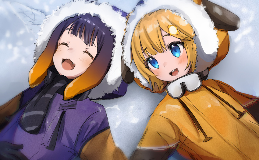 2girls :d animal_ears blonde_hair blue_eyes blush closed_eyes dog_ears fang fur-trimmed_hood fur_trim goggles goggles_around_neck hair_ornament highres hololive hololive_english hood lying maru_ccy monocle_hair_ornament multiple_girls ninomae_ina'nis on_back parka purple_hair scarf smile snow tentacle_hair virtual_youtuber watson_amelia we_were_here_too