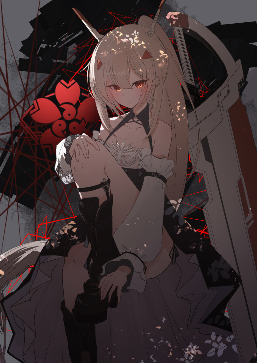 1girl absurdly_long_hair absurdres ayanami_(azur_lane) ayanami_(nightfall_raiment)_(azur_lane) azur_lane bangs bare_shoulders black_footwear blush boots closed_mouth collarbone commentary_request corset cross detached_sleeves flat_chest highres kira_guil knee_up long_hair looking_at_viewer platinum_blonde_hair ponytail puffy_sleeves red_eyes sakura_empire_(emblem) sidelocks sitting sock_garters solo very_long_hair