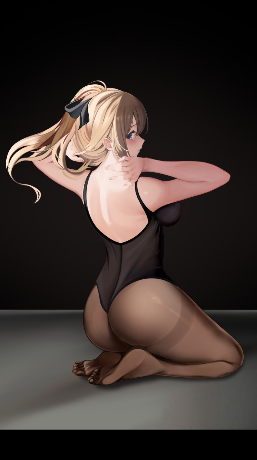 1girl absurdres ass back black_background black_bow blonde_hair blue_eyes bow breasts brown_legwear closed_mouth commentary_request feet from_behind full_body genshin_impact hair_bow hands_up highres jean_(genshin_impact) letterboxed long_hair looking_at_viewer looking_back medium_breasts niduannowu no_shoes pantyhose ponytail profile seiza simple_background sitting soles thighband_pantyhose thighs toes