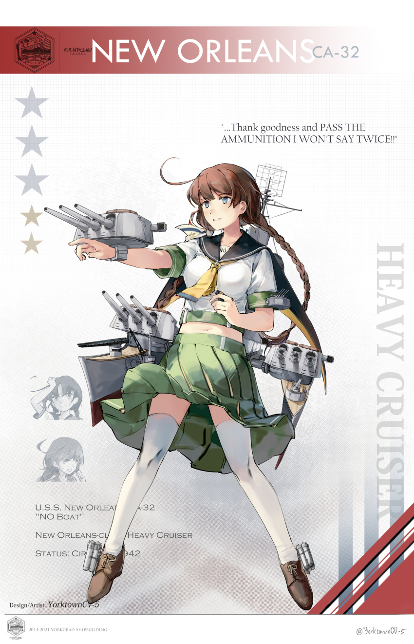 absurdres adapted_turret blue_eyes braid breasts brown_footwear brown_hair cannon character_name cruiser english_text green_skirt highres long_hair low_twin_braids machinery mecha_musume medium_breasts midriff military military_vehicle miniskirt navel neckerchief original personification pleated_skirt ship shoes short_sleeves skirt thigh-highs turret twin_braids united_states_navy uss_new_orleans_(ca-32) warship watercraft white_legwear yellow_neckerchief yorktown_cv-5