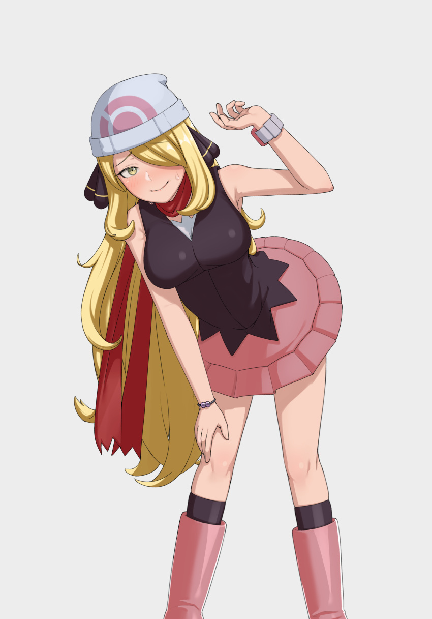 1girl absurdres alternate_costume beanie black_legwear black_shirt blonde_hair blush boots cosplay costume_switch cynthia_(pokemon) dawn_(pokemon)_(cosplay) fur_trim hair_ornament hair_over_one_eye hat highres hikari_(pokemon) jacket long_hair over-kneehighs pink_skirt pokemon pokemon_(game) pokemon_bdsp scarf shirt skirt sleeveless sleeveless_shirt solo thigh-highs ubn6nfbw2uqbse6qkhp3 very_long_hair