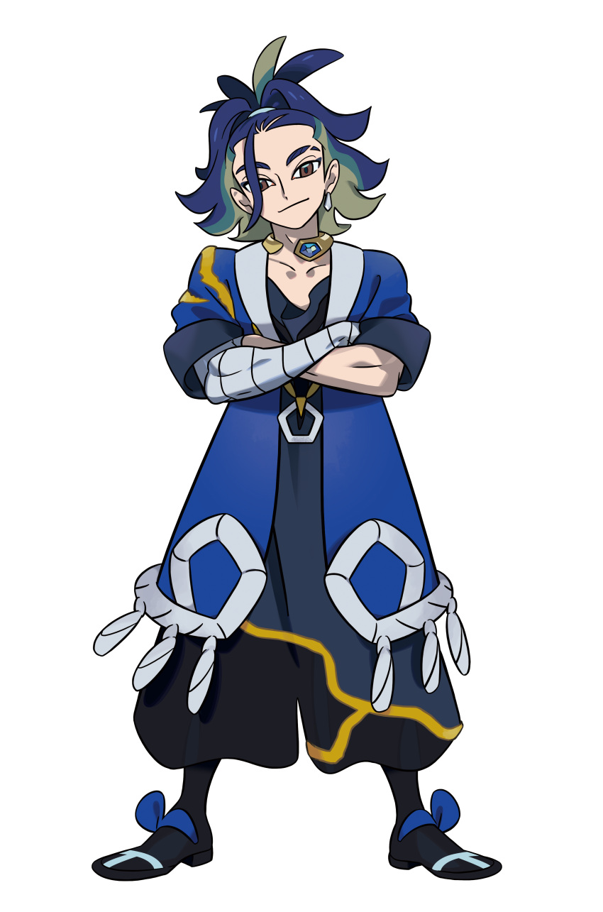 1boy absurdres adaman_(pokemon) blue_coat blue_hair blue_ribbon brown_eyes closed_mouth coat collar collarbone crossed_arms earrings footwear_ribbon full_body green_hair head_tilt highres jewelry legs_apart looking_at_viewer male_focus medium_hair multicolored_hair official_art open_clothes open_coat pokemon pokemon_(game) pokemon_legends:_arceus ribbon shoes short_sleeves smile solo standing transparent_background