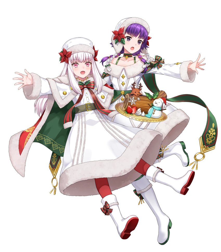 2girls amagai_tarou bangs belt boots bow braid cape choker collarbone eyebrows_visible_through_hair fire_emblem fire_emblem:_the_sacred_stones fire_emblem:_three_houses fire_emblem_heroes floating floating_object food fruit full_body fur_trim hat highres knee_boots long_hair long_sleeves looking_away lute_(fire_emblem) lysithea_von_ordelia multiple_girls official_art open_mouth pantyhose purple_hair red_legwear snowman strawberry tied_hair transparent_background violet_eyes white_hair