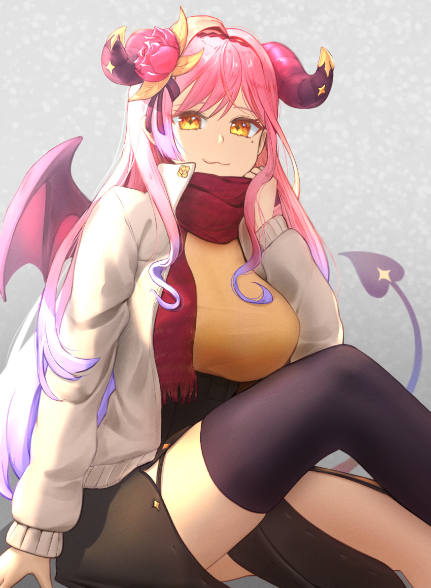 1girl :3 black_legwear blush braco breasts brown_eyes closed_mouth demon_girl demon_horns demon_tail demon_wings diamond-shaped_pupils diamond_(shape) eyebrows_visible_through_hair gradient_hair highres horns kurari_rose large_breasts long_hair long_sleeves looking_at_viewer mole mole_under_eye multicolored_hair pink_hair purple_hair red_scarf scarf sitting smile solo symbol-shaped_pupils tail thigh-highs virtual_youtuber wactor_production wings