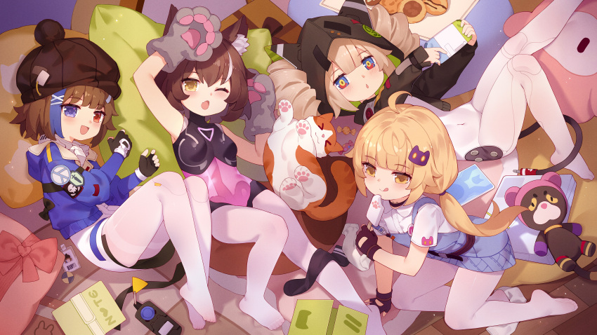 absurdres bare_arms blonde_hair blue_eyes brown_hair character_request copyright_request feet highres long_hair looking_at_viewer no_shoes one_eye_closed open_mouth pantyhose red_eyes short_hair socks soles thigh-highs tsubasa_tsubasa twintails white_legwear yellow_eyes