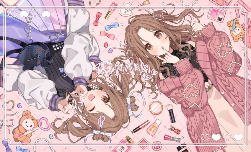 2girls :o ;d \m/ bangs bow brown_hair character_name chiri_(ch!) cosmetics dual_persona framed heart heart_hands heart_print ichikawa_hinana idolmaster idolmaster_shiny_colors long_sleeves looking_at_viewer multiple_girls nail_polish one_eye_closed parted_bangs patterned_background smile stuffed_toy symmetry twintails upside-down wavy_hair