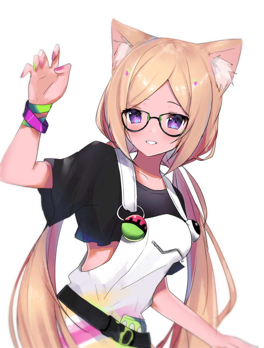 1girl absurdres aki_rosenthal alternate_costume animal_ear_fluff animal_ears belt black-framed_eyewear blonde_hair cat_ears glasses highres hololive long_hair maru_ccy mismatched_nail_polish nail_polish overalls parted_lips simple_background solo twintails upper_body violet_eyes virtual_youtuber white_background wristband