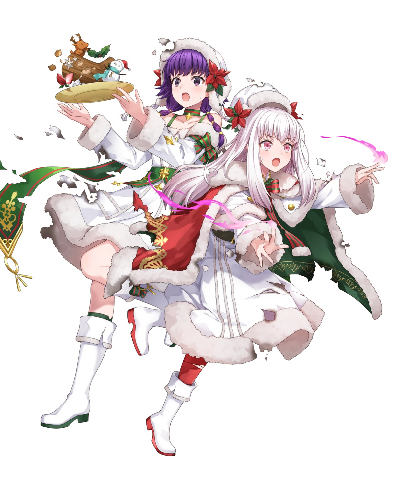 2girls amagai_tarou bangs belt boots bow braid cape choker collarbone eyebrows_visible_through_hair fire_emblem fire_emblem:_the_sacred_stones fire_emblem:_three_houses fire_emblem_heroes food fruit full_body fur_trim gold_trim hat highres knee_boots leg_up long_hair long_sleeves looking_away lute_(fire_emblem) lysithea_von_ordelia multiple_girls official_art open_mouth pantyhose purple_hair red_legwear simple_background snowman tied_hair torn_cape torn_clothes torn_legwear transparent_background violet_eyes white_footwear white_hair