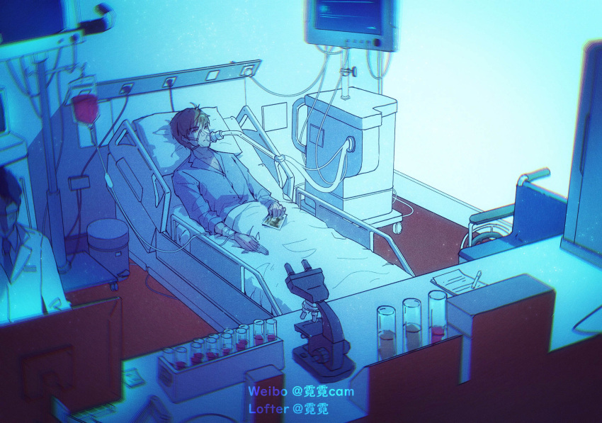 2boys bai_qi_(love_and_producer) bangs bed bed_sheet blue_theme brown_eyes brown_hair coat computer highres hospital hospital_bed hospital_gown indoors labcoat laboratory long_sleeves love_and_producer microscope monitor multiple_boys paper rabbitcamilla short_hair white_coat