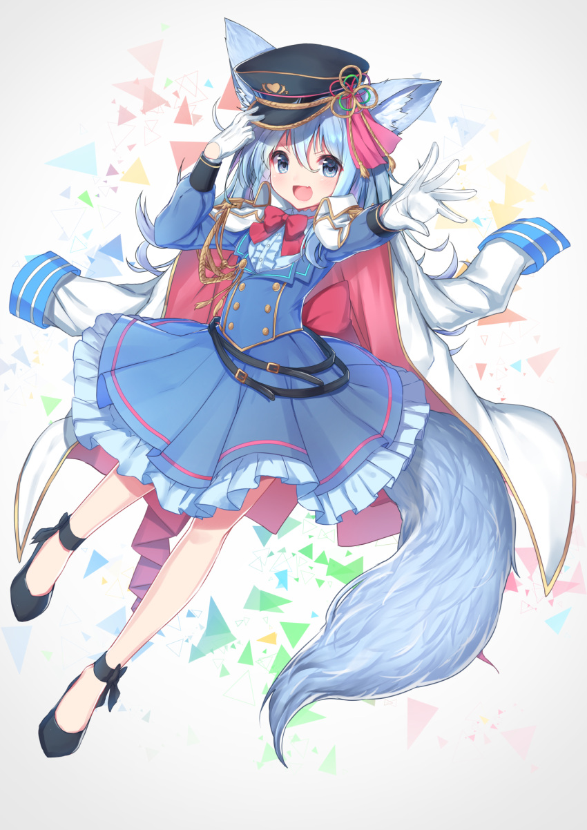 1girl animal_ears blue_dress blue_eyes blue_hair bow buttons coat double-breasted dress fang fox_ears fox_girl fox_tail full_body gloves hat highres long_hair looking_at_viewer mirai_akari's_new_virtual_youtuber_illustration_contest open_mouth red_bow solo tail topia white_gloves