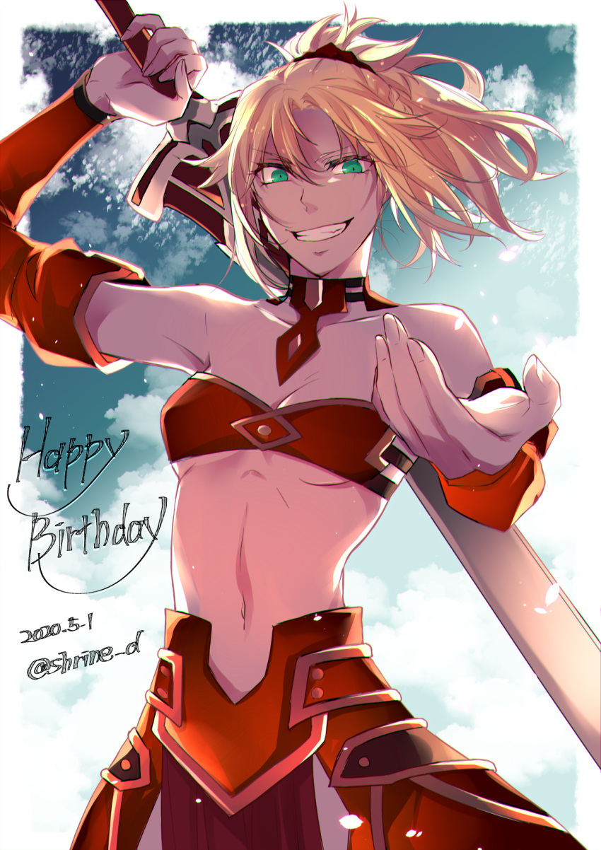 1girl armor armored_dress bandeau bare_shoulders blonde_hair blue_sky border braid breasts clarent_(fate) clouds dated detached_collar detached_sleeves fate/grand_order fate_(series) fingernails french_braid green_eyes hair_between_eyes happy_birthday highres long_fingernails mordred_(fate) navel outside_border over_shoulder red_scrunchie scrunchie shirin_(tsukimiyagura) short_hair sky small_breasts smile solo sword sword_over_shoulder twitter_username weapon weapon_over_shoulder white_border