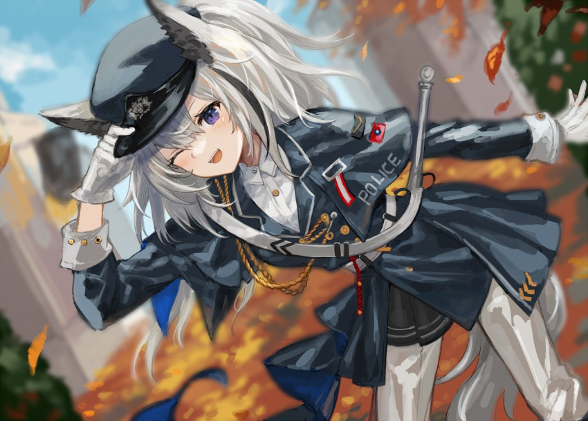 1girl ;d aiguillette animal_ears arknights arm_up autumn autumn_leaves black_coat black_headwear blurry blurry_background blush clothes_writing coat depth_of_field dutch_angle falling_leaves feet_out_of_frame gloves grani_(arknights) hand_on_headwear hat horse_ears leaf leaning_forward long_hair long_sleeves looking_at_viewer one_eye_closed open_mouth outstretched_arm pants police police_hat police_uniform policewoman silver_hair smile solo spacelongcat standing uniform very_long_hair violet_eyes white_gloves white_pants